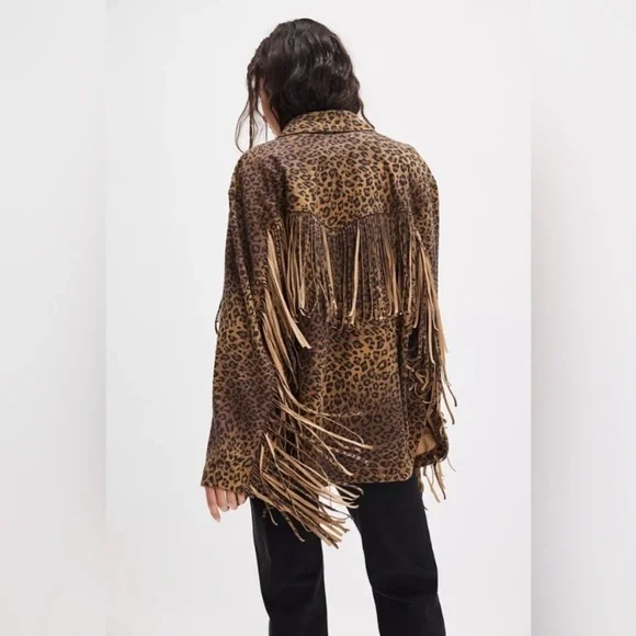 Free People Leopard Print Fringe Jacket in Brown - Picture 1 of 11